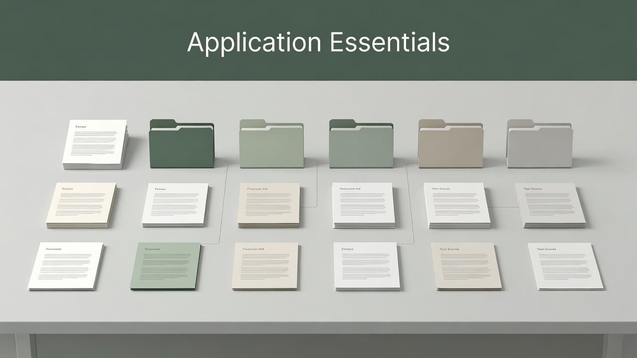 Stacks of crisp white academic folders and documents rest on a clean surface. A dark green header bar displays the text Application Essentials at the very top of the minimalist frame.
