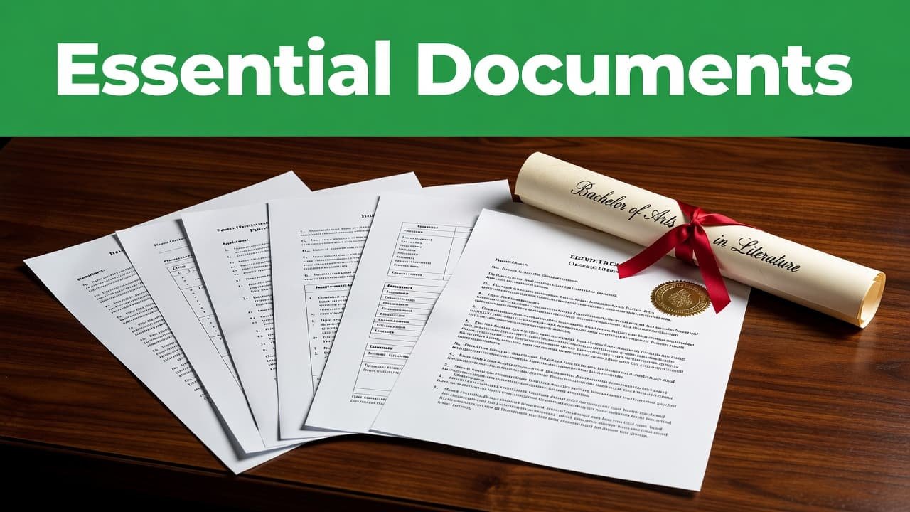 A close-up view features organized academic papers and a framed diploma resting upon a dark wooden desk. A green horizontal banner at the top clearly displays the text Essential Documents.
