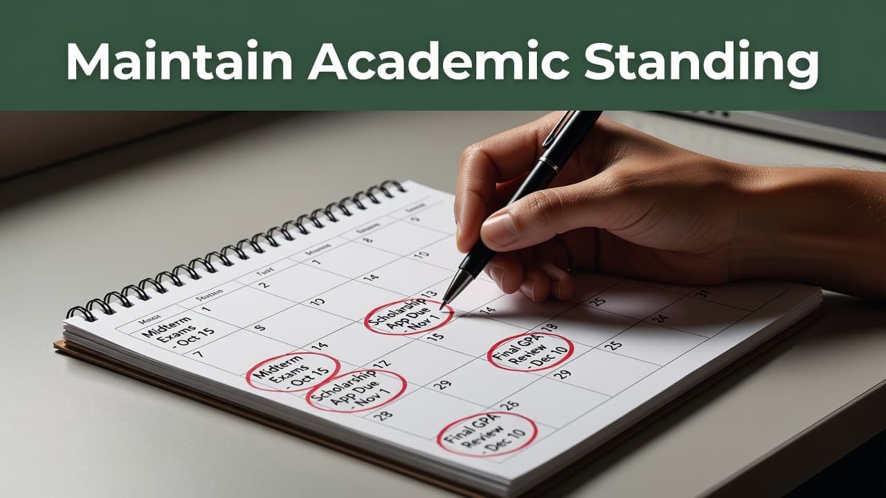 A close-up view captures a hand marking dates on a planner with a pen. A deep green banner at the top features bold white text regarding academic standing requirements for students.