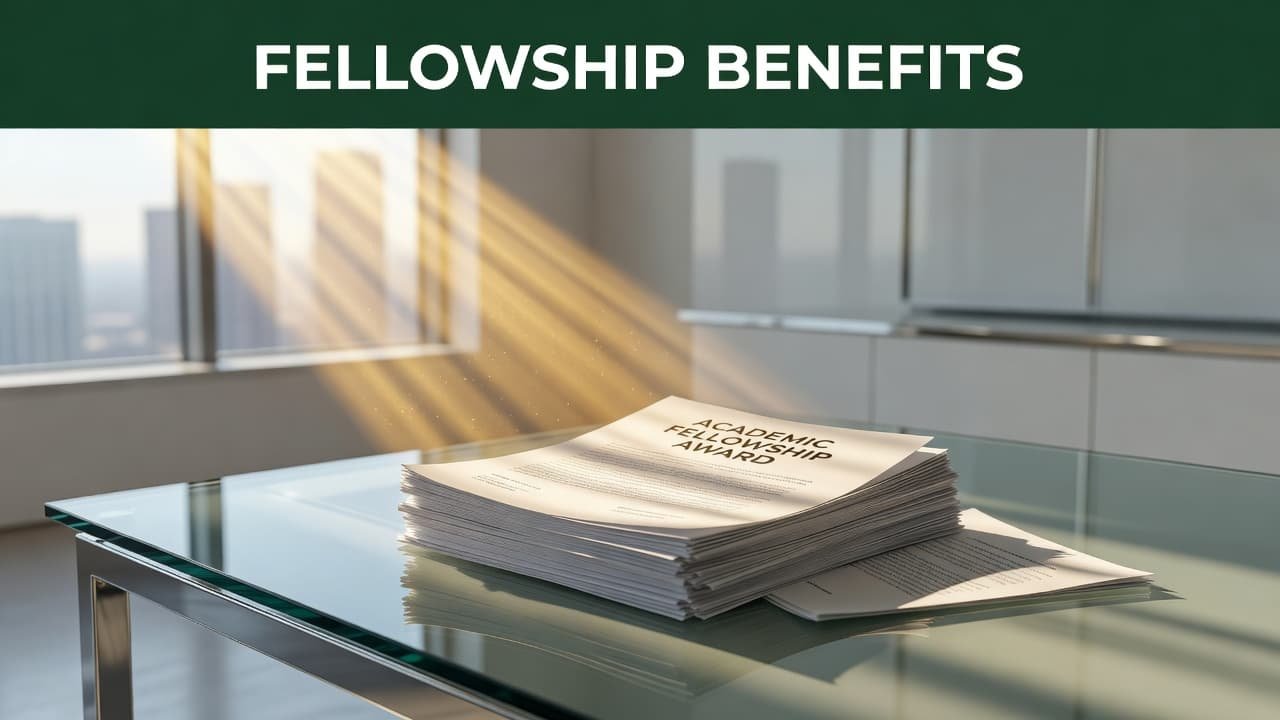 Golden light illuminates a neat stack of professional academic papers resting on a polished desk. A dark-green header bar at the top displays bold white text identifying the provided financial benefits.