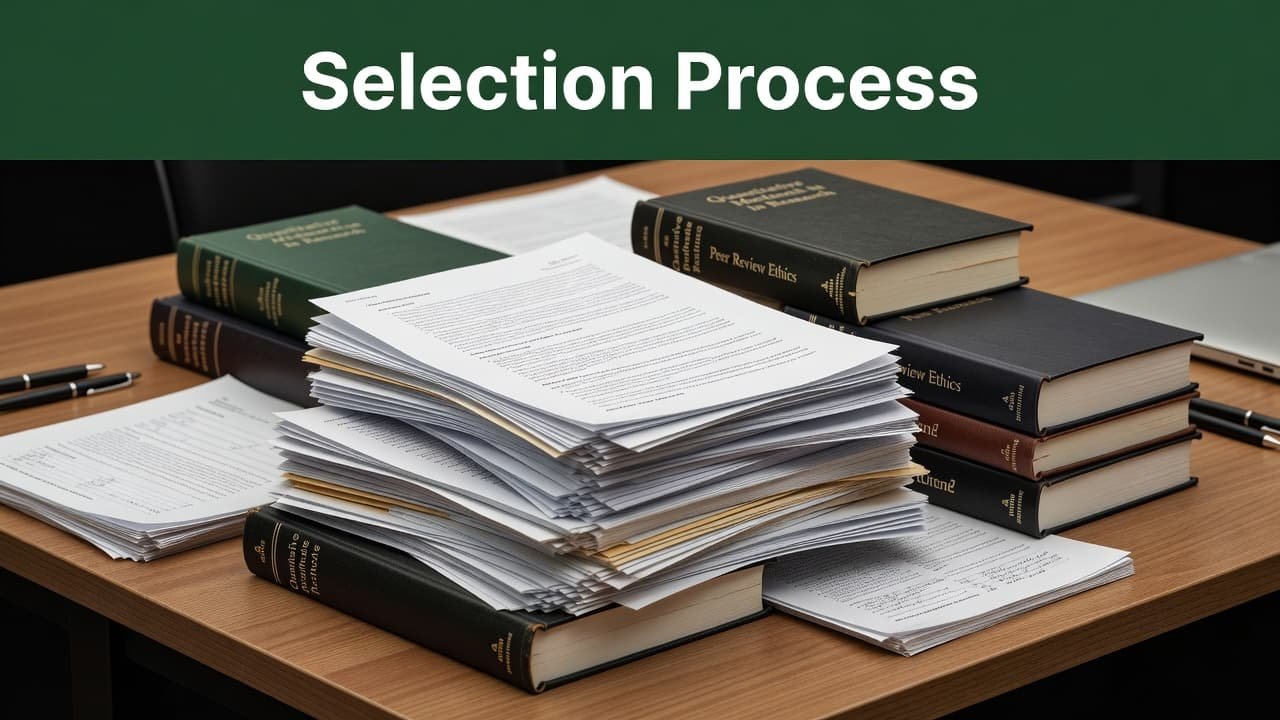 An organized stack of academic books and research documents sits on a desk under a dark green header reading Selection Process. The top-down view emphasizes professional focus on educational merit.