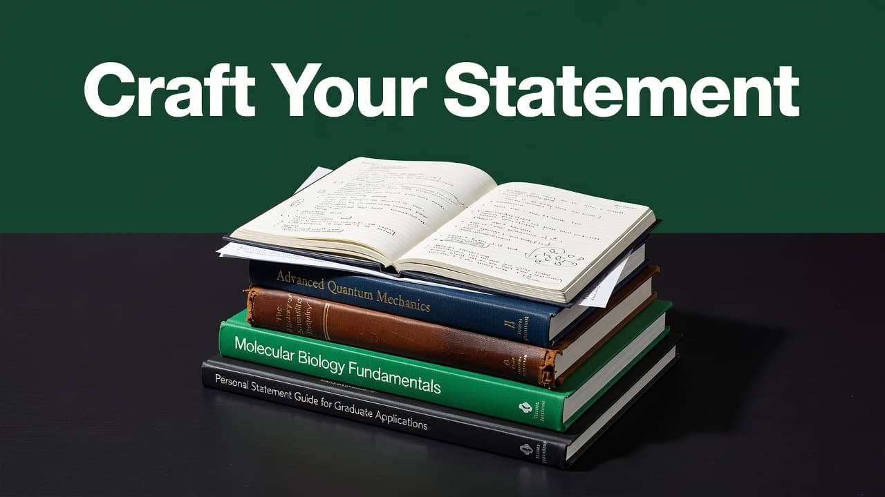 A neatly arranged stack of various hardcover books sits beside a research notebook on a dark desk. The clean composition highlights an editorial graphic overlay featuring bold white text at top.