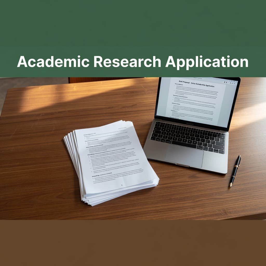 A dark wooden desk features a laptop, neatly stacked academic papers, and a classic fountain pen. Soft, warm sunlight illuminates the workspace, while a dark green header frames the scene above.
