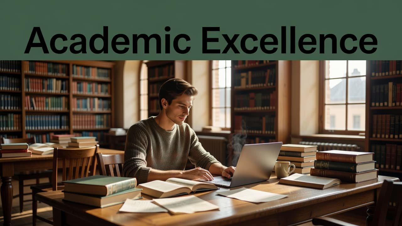 A student sits at a library desk focused on a laptop surrounded by thick books. The scene features warm natural sunlight, creating a scholarly atmosphere for deep academic research and study.