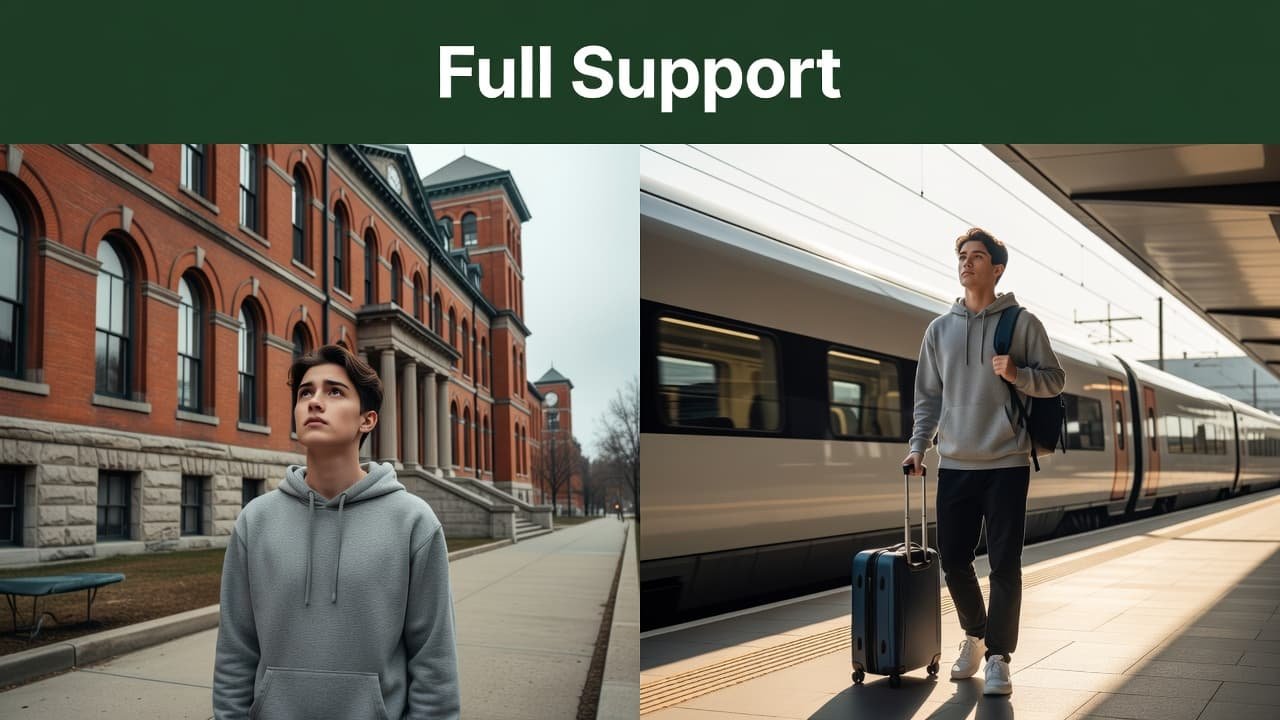 A split composition features a student observing a university building on the left and preparing for travel with a suitcase on the right. A dark green header displays white text.