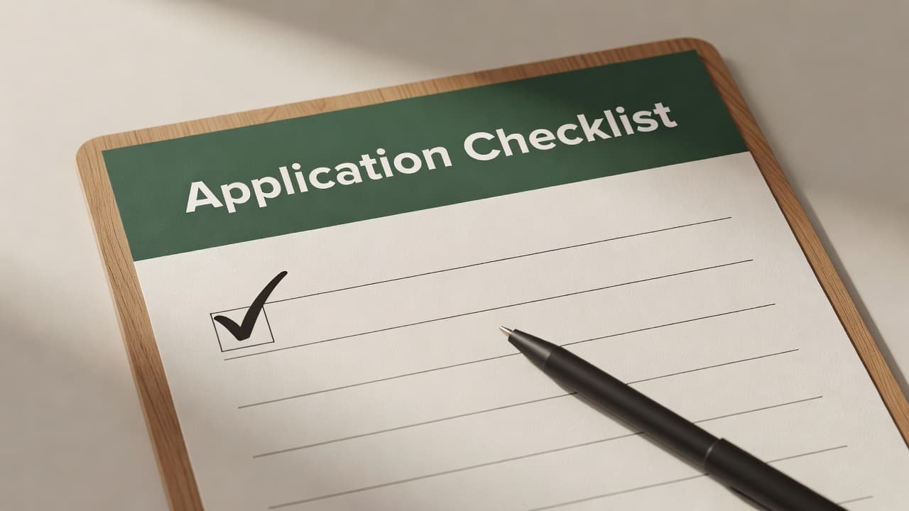 A dark green header with bold white text tops a crisp white checklist clipboard. A sleek black pen rests nearby, catching soft morning light to highlight the primary marked item.