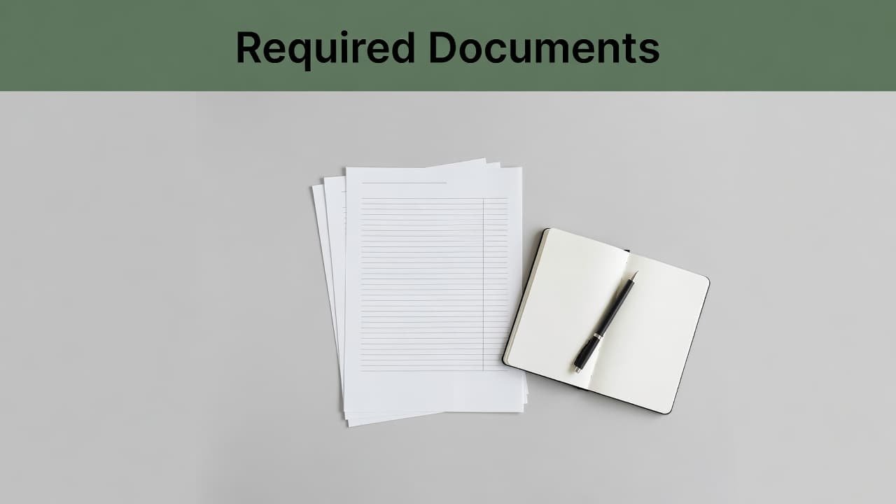 An overhead view displays a clean desk surface featuring arranged business documents, a leather-bound notebook, and a sleek pen. A muted green header bar spans the top with bold sans-serif text.