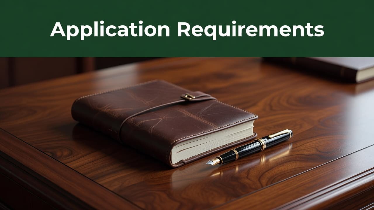 A high-quality leather journal lies open next to a classic fountain pen on a rich mahogany desk surface. A dark green header bar displays bold white text about application requirements.