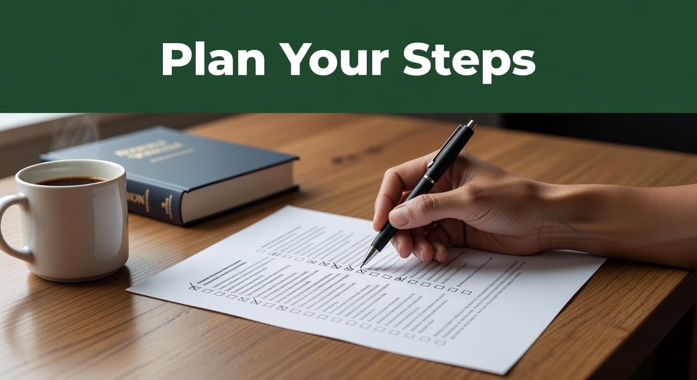 A person holds a pen to mark items on a paper checklist atop an organized wooden desk. A steaming coffee mug and a hardcover book sit neatly beside the document.