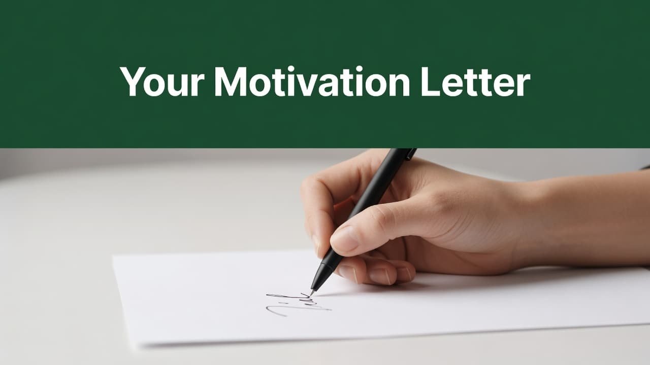 A close-up view shows a hand holding a fine-point pen against crisp white paper. A dark green header bar features bold white typography that reads Your Motivation Letter in clean lettering.