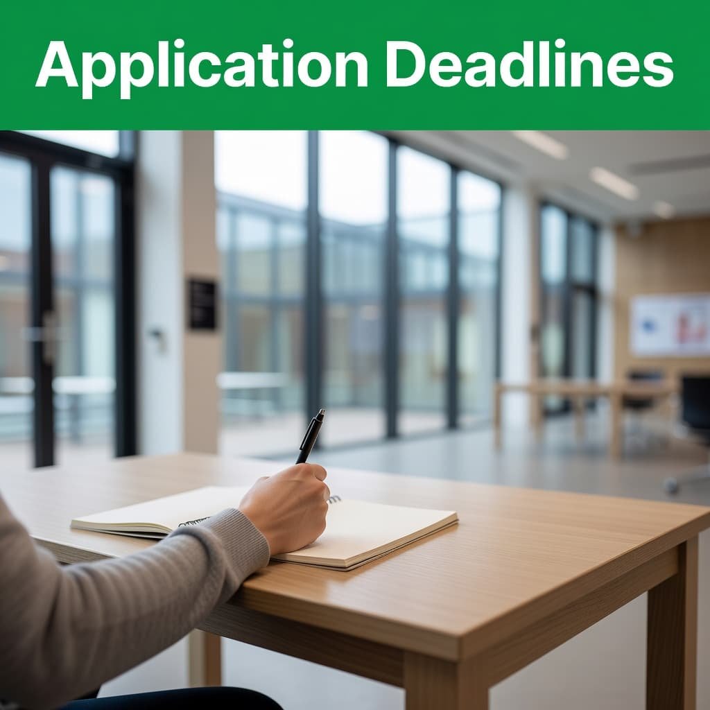 A student holds a pen over an open notebook on a minimalist wooden desk. A vibrant green banner labeled with application deadlines sits at the top of the academic scene.