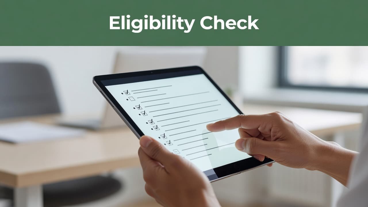 A close-up view focuses on hands holding a tablet displaying a digital checklist. A dark green header bar features bold sans-serif text while the bright office background remains softly out of focus.