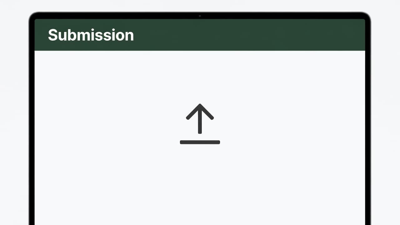 A minimalist white interface displays a prominent upload icon on a laptop screen. A bold dark green header strip clearly displays the word Submission in a modern geometric sans-serif font.