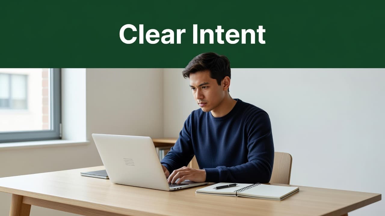 A focused student sits at a clean, organized desk with a laptop and open notebook. A dark-green horizontal banner at the top features the bold white text Clear Intent in geometric font.