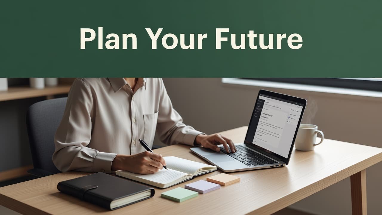 A student sits at a clean desk with an open laptop and notebook, diligently writing down notes. A dark green header band above features bold geometric text for a professional look.