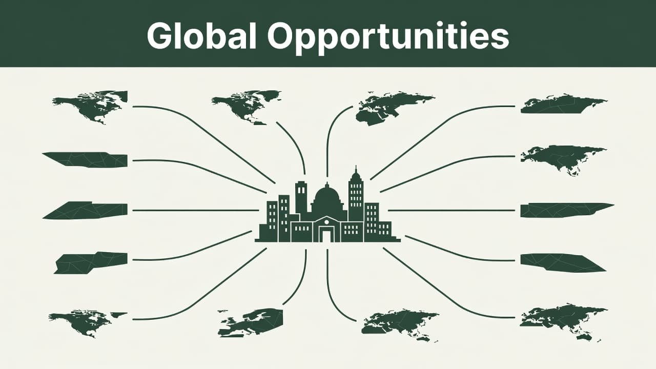 A minimal dark-green graphic displays an open map with white lines radiating from a central university icon to various global regions. A bold horizontal headline sits prominently at the top.