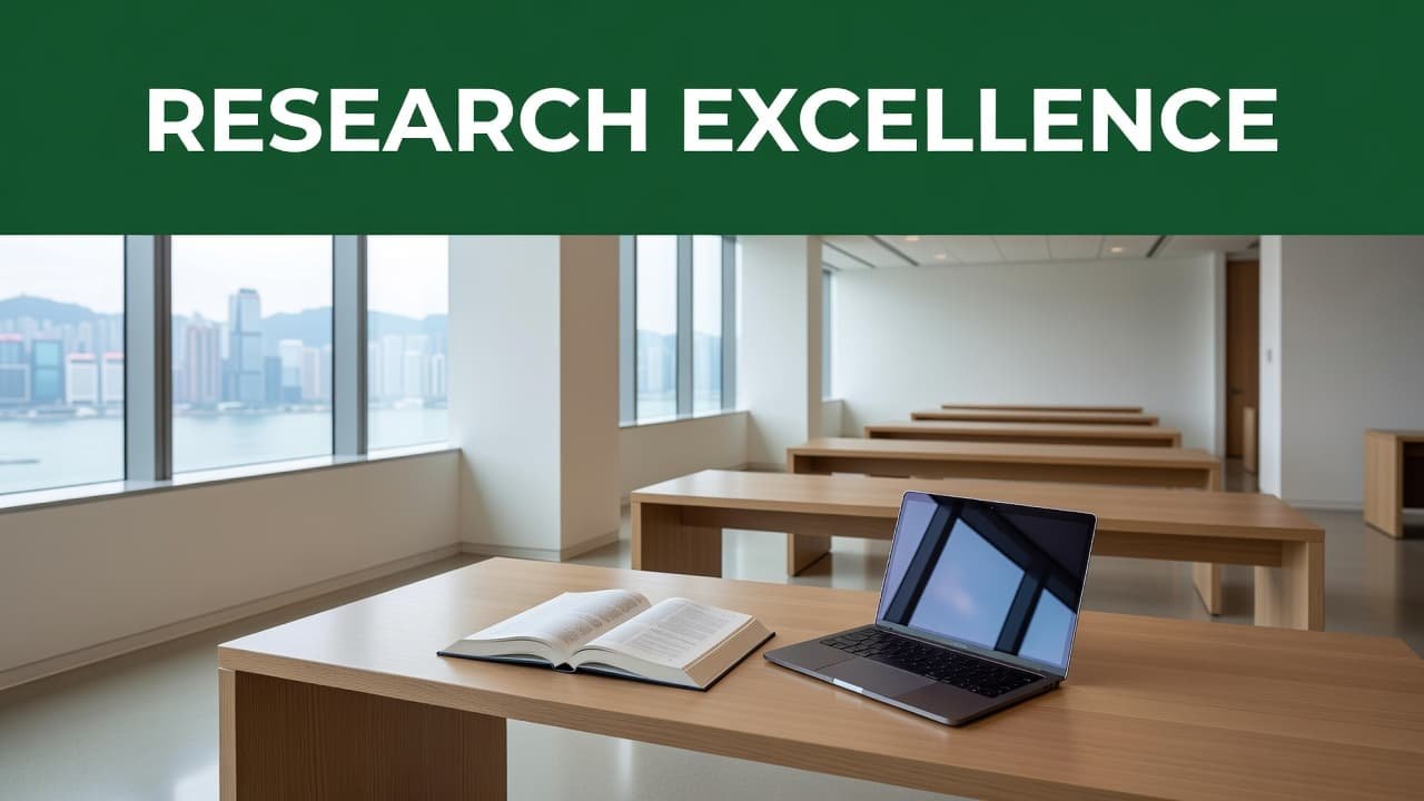 A spacious library desk features an open book and a laptop bathed in soft natural light. The top edge displays a bold green banner with the text Research Excellence clearly printed.