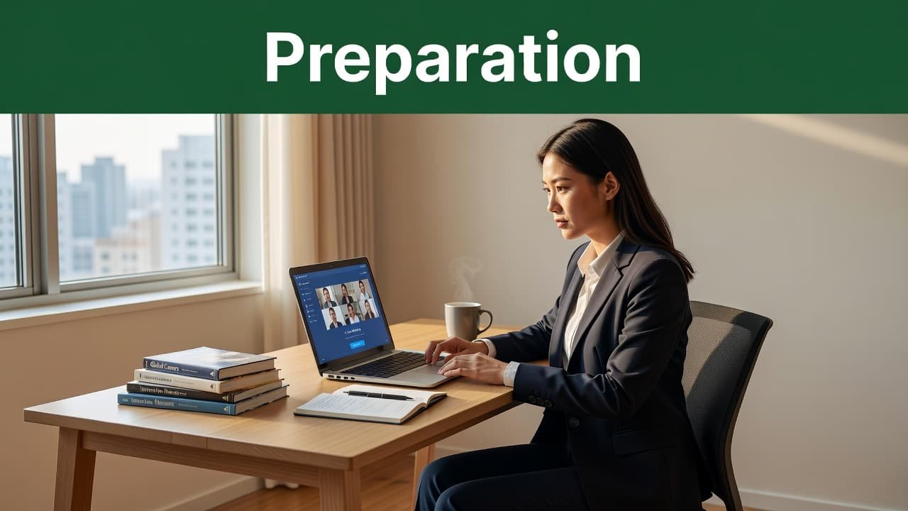 A professional individual sits at a sleek desk using a laptop for an online meeting. Above them, a vibrant dark green header displays the word Preparation in a clean white font.
