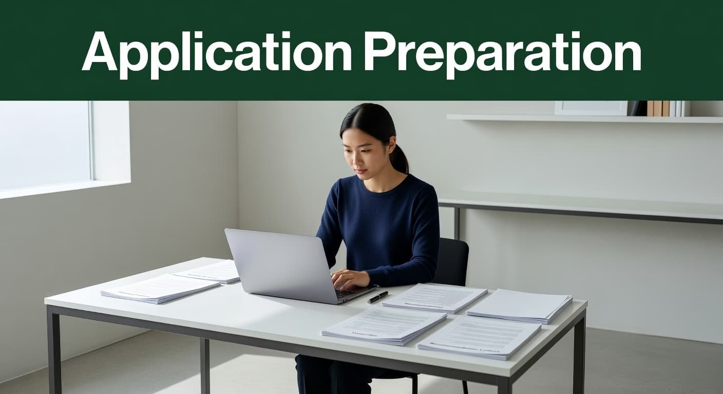 An international student works at a tidy desk with a laptop and organized documents. The modern study room features soft neutral tones and a deep green header titled Application Preparation.