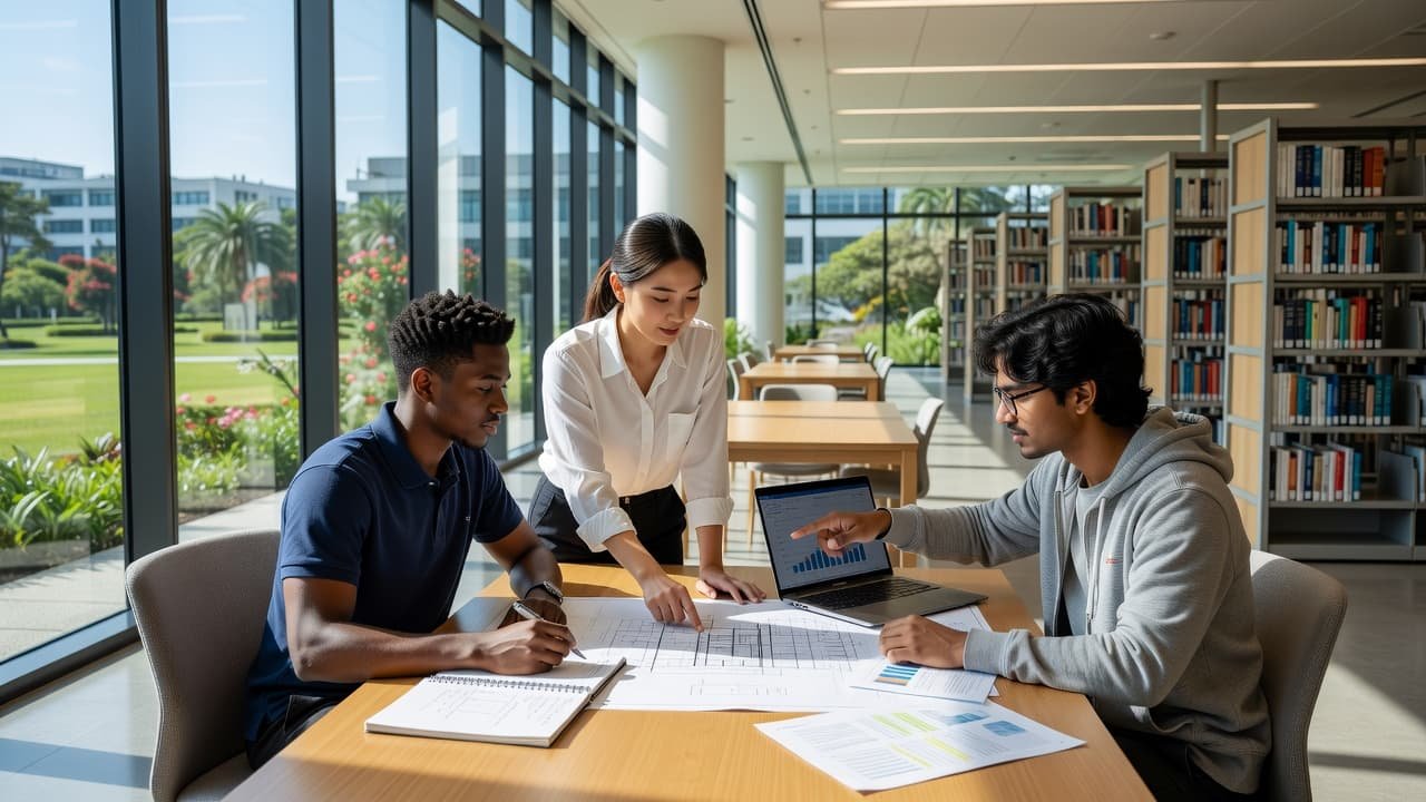 Three students from diverse backgrounds gather around a wooden table in a contemporary library. They examine open textbooks and notes together while bright natural light floods the quiet study space.
