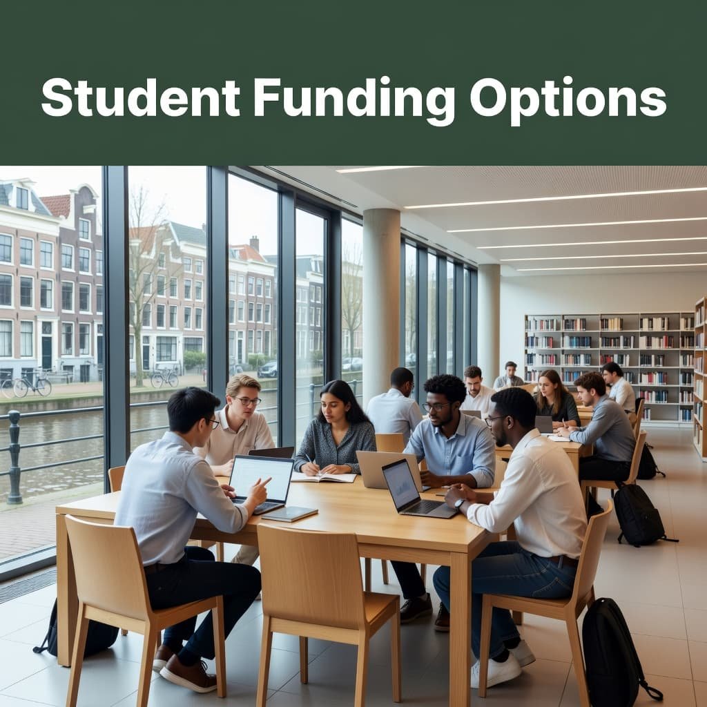 Diverse students gather around a large wooden table inside a bright, modern university library. Sunlight streams through expansive windows, illuminating textbooks and laptops while a dark green banner displays the header text.