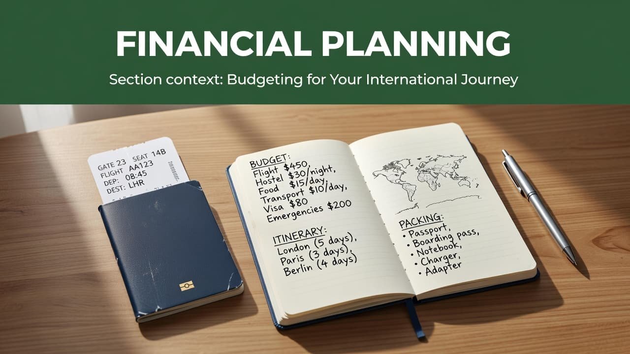 A passport, boarding pass, and travel notebook rest on a wooden desk. A dark green header bar displays the text Financial Planning above the organized travel documents in soft morning light.