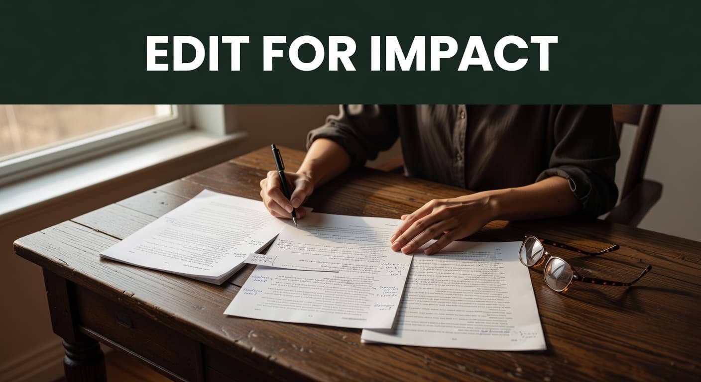 A focused individual reviews a paper manuscript on a clean desk, with reading glasses resting beside the pages. Soft natural light streams from a nearby window across the green headline banner.