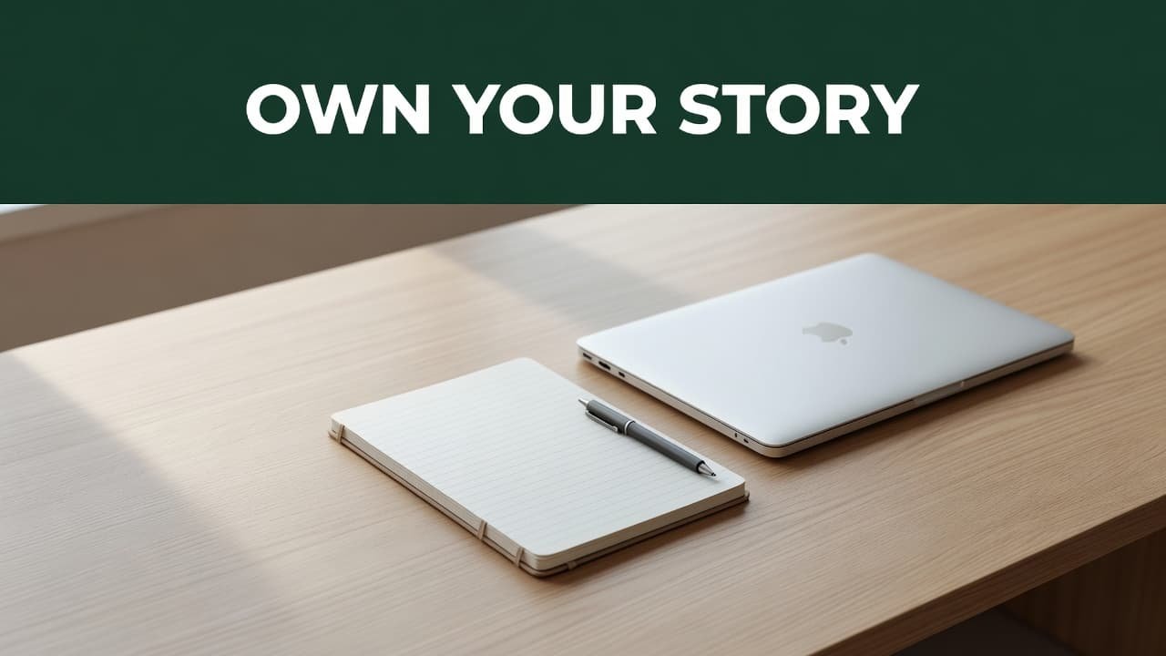 A clean wooden desk features a closed laptop, a resting pen, and an open notebook. A sharp dark-green horizontal band runs across the top edge displaying bold white typography.