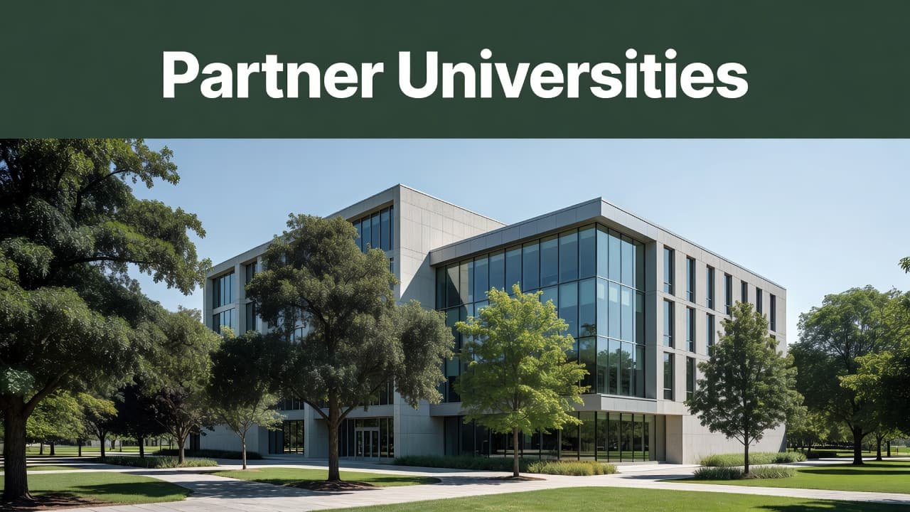 A sleek, multi-story university building stands under a bright sky with lush green trees lining the foreground. A dark green header bar displays white Partner Universities text at the top.