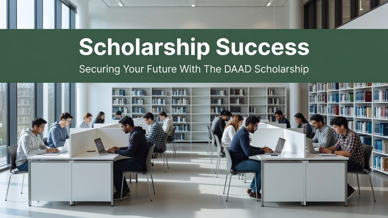 Diverse students study intently at minimalist wooden tables inside a bright, organized library. A dark green header band with elegant white text spans the top of the airy architectural space.