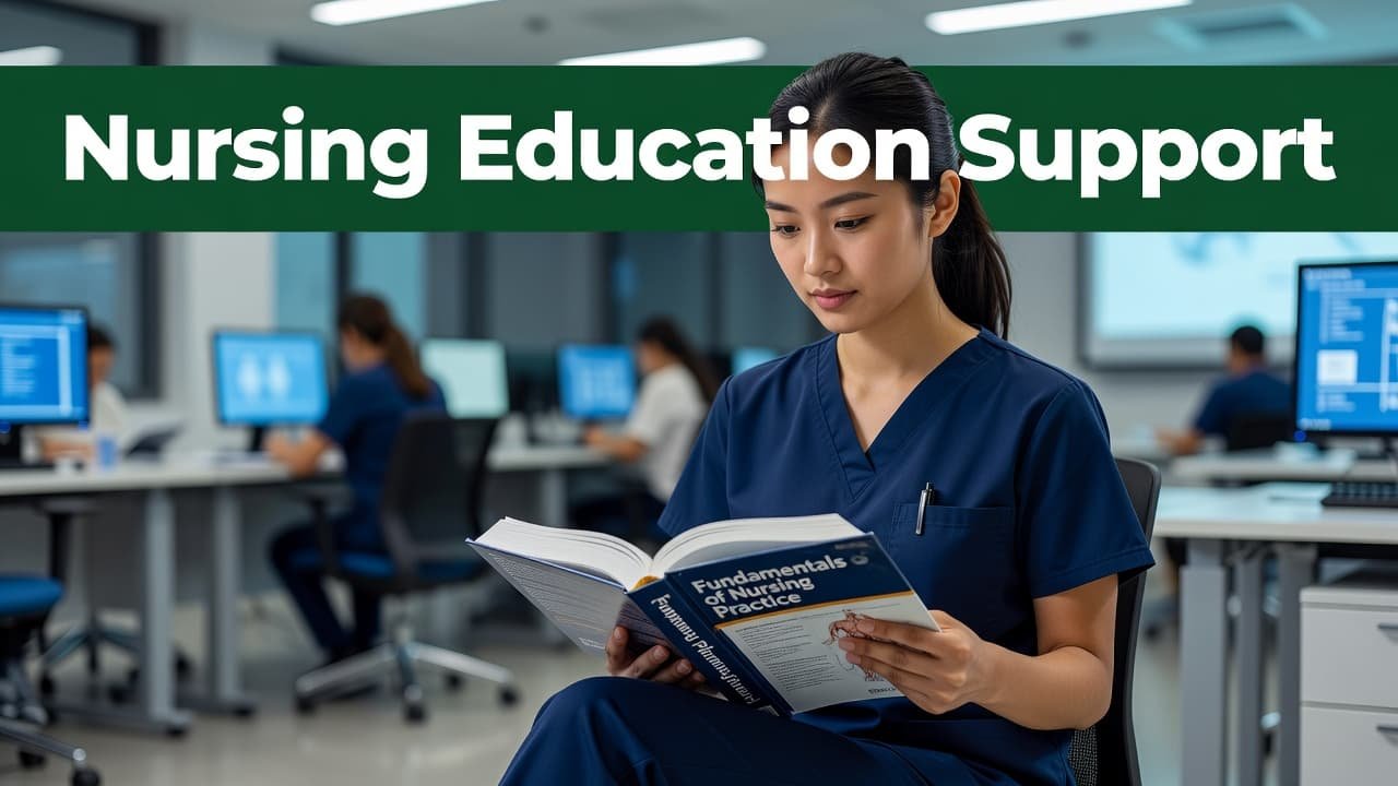 A focused nursing student holds a medical textbook within a clean, modern classroom environment. Above the student, a dark-green banner prominently displays bold white text reading Nursing Education Support.