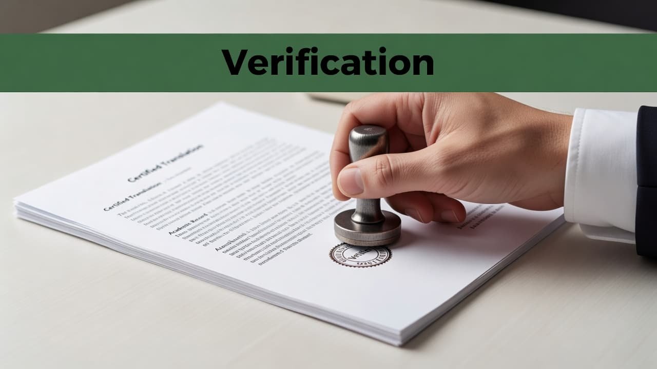 A single hand firmly presses a circular metal seal onto a white document. The professional scene is accented by a bold green header bar labeled Verification, maintaining a neutral aesthetic throughout.