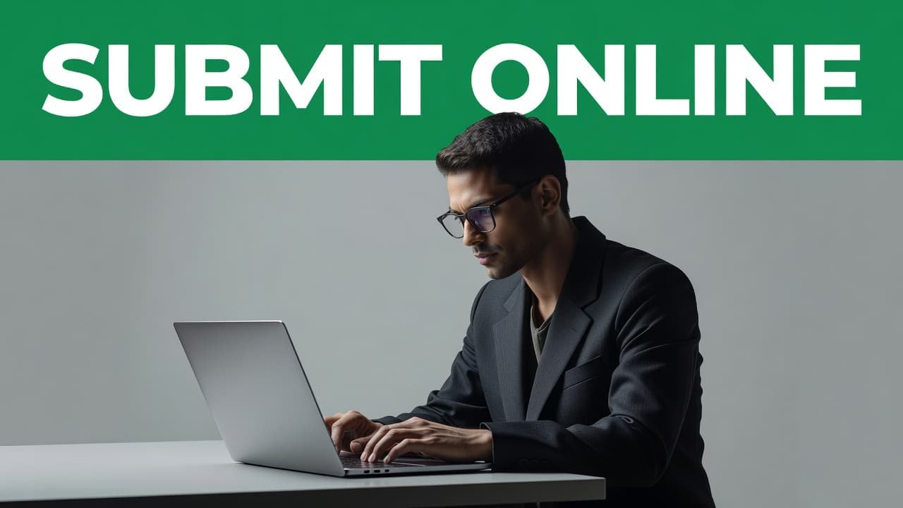 A person views a laptop screen at a side angle under bright, clean lighting. A wide green horizontal band at the top features bold geometric text that reads Submit Online.