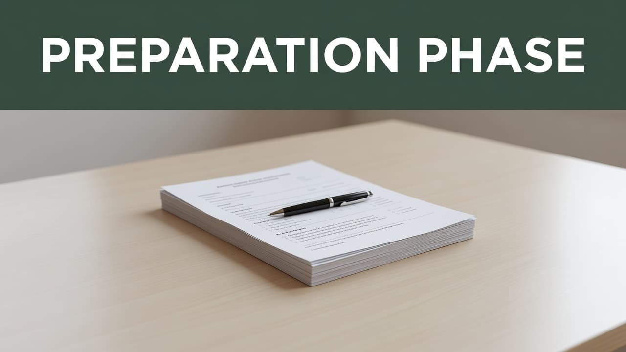 A close-up view features neatly stacked application papers resting on a clean desk beside a single pen. A dark green header strip with elegant typography highlights the current preparation phase.