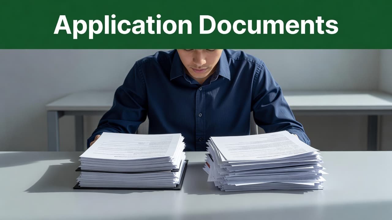 A student sits at a clean desk comparing two distinct stacks of paper documents. A dark green header at the top of the frame displays the words Application Documents in white.