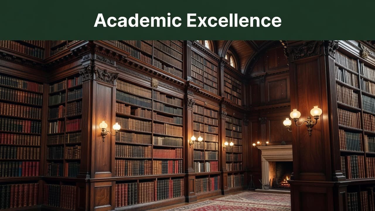 Towering mahogany bookshelves filled with antique volumes line the walls of an ornate library. A bold Academic Excellence banner hangs above the rows of historic literature under soft, warm amber lighting.