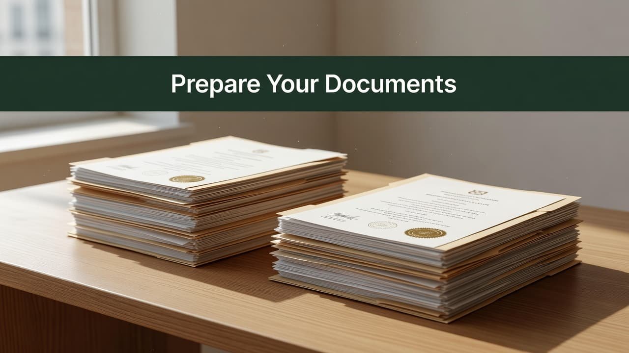 A neat pile of organized folders and certificates rests on a clean workspace. Soft light from an adjacent window highlights the stack, emphasizing a professional atmosphere for pending application submissions.