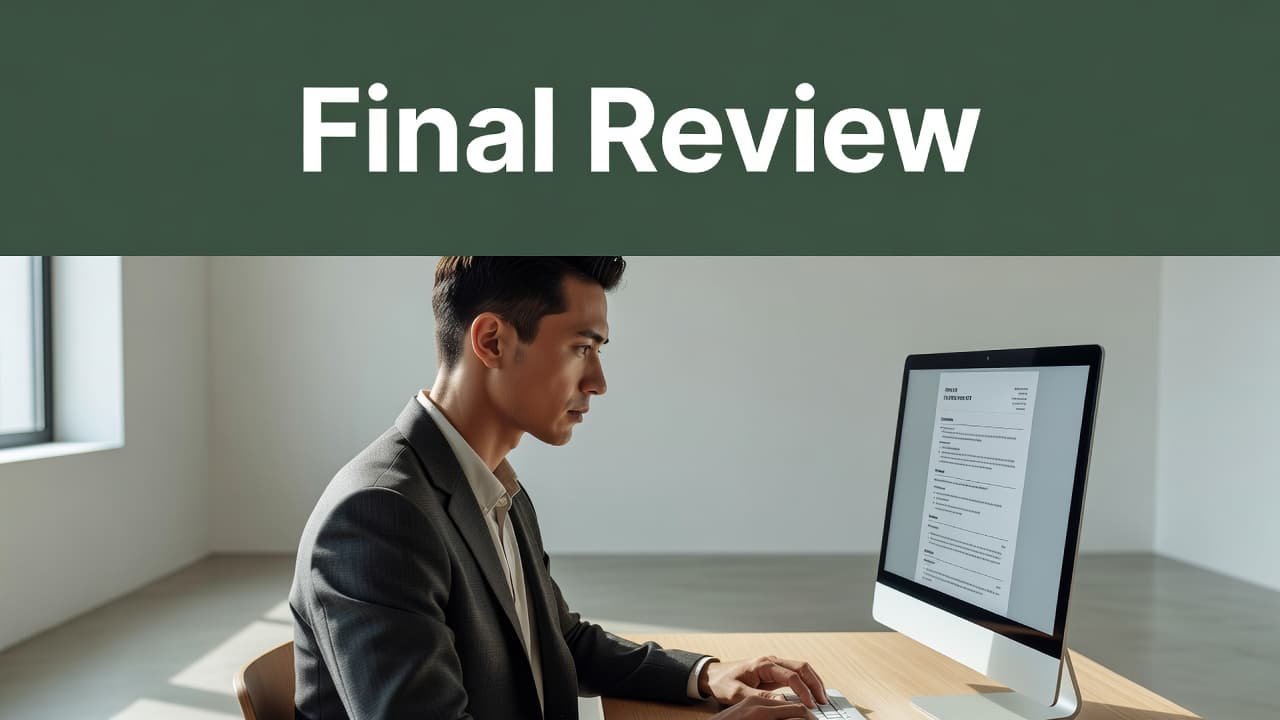 A person viewed in profile examines a bright computer screen with a calm expression. A dark green header bar sits at the top of the display featuring bold geometric sans-serif text.
