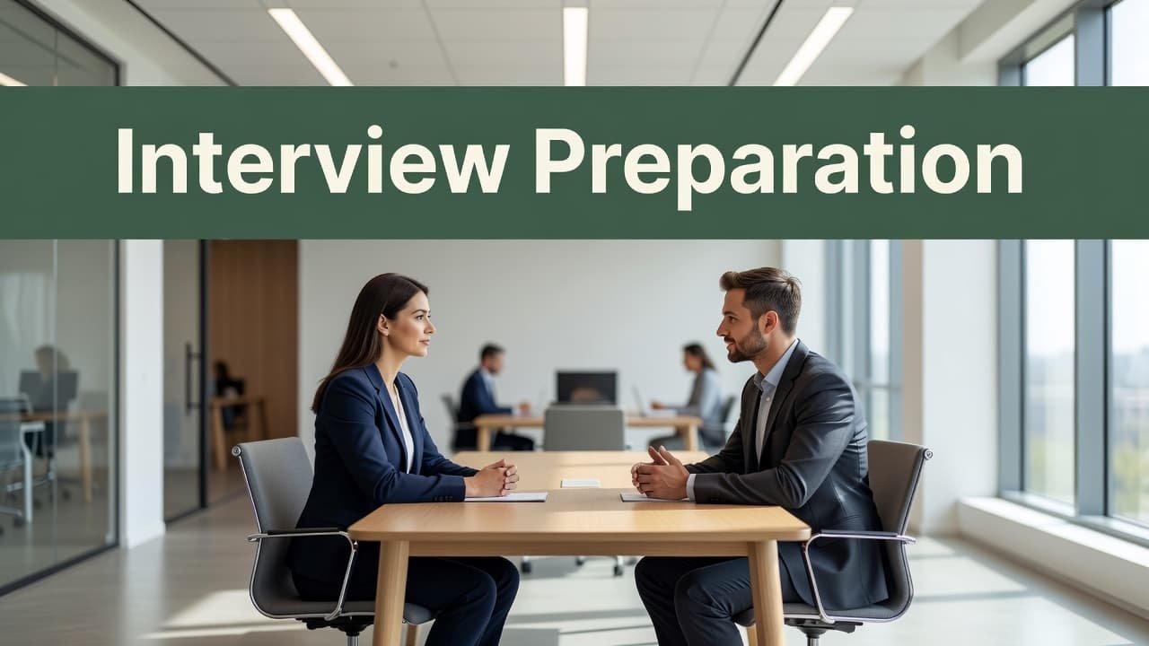 Two people sit across from each other having a professional conversation in a sunlit modern office. A dark green header bar featuring geometric white text rests at the top of the frame.