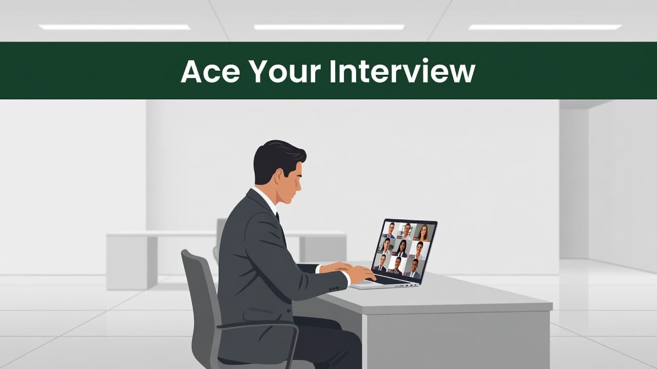 A professional in business attire works on a laptop displaying a virtual meeting interface. A clean, dark green header bar sits at the top of the screen featuring white interview advice text.