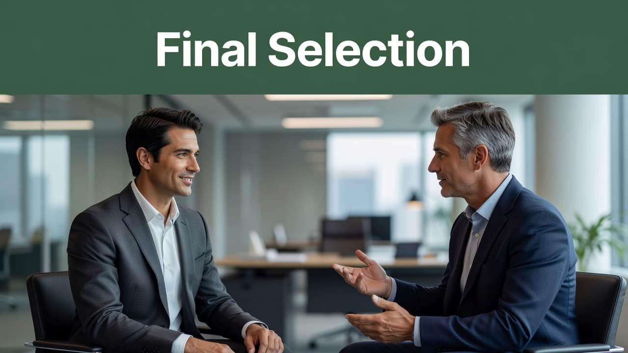Two colleagues sit across from each other in a contemporary office, engaged in a focused discussion. A distinct dark-green banner containing the bold white text Final Selection frames the upper section.