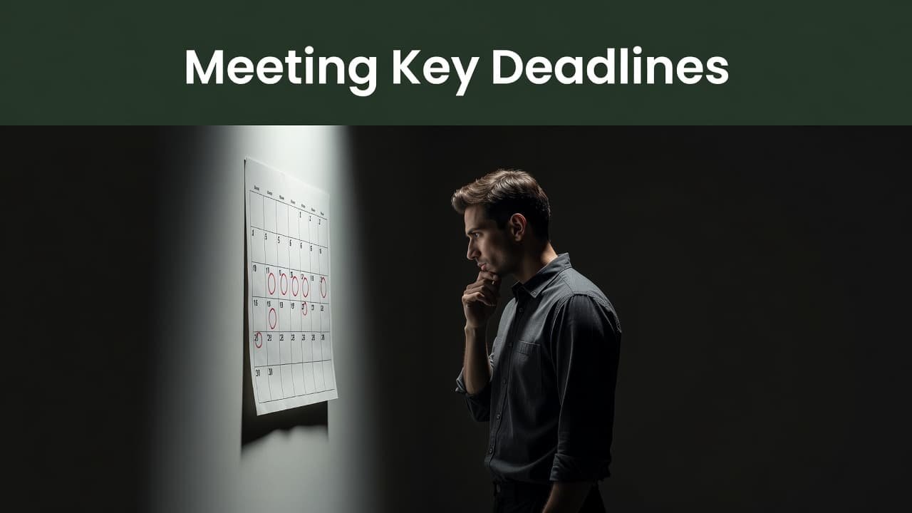 A focused individual examines a wall calendar under soft studio lights. The composition features a bold dark green header strip with clean geometric text referencing upcoming project deadlines and scheduling milestones.
