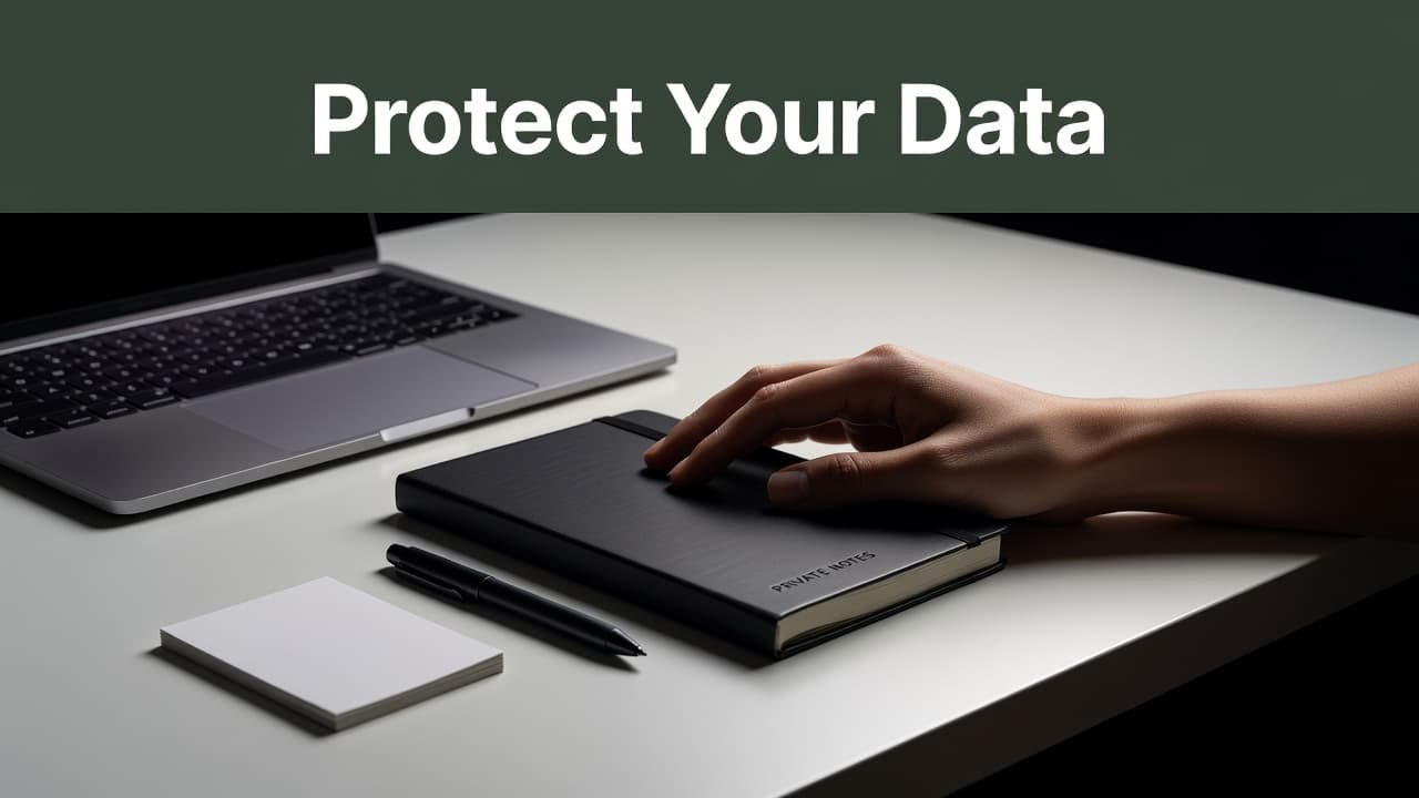 A close-up view shows a hand resting firmly on a closed notebook atop a desk. Minimalist office supplies surround the journal, emphasizing a theme of privacy and secure personal information management.