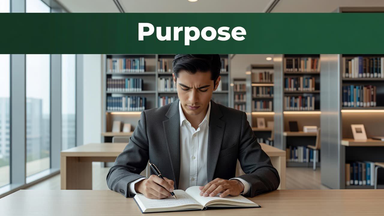 A focused student writes in a notebook within a sunlit modern library setting. A bold dark green horizontal banner sits at the top of the frame featuring the word Purpose clearly.