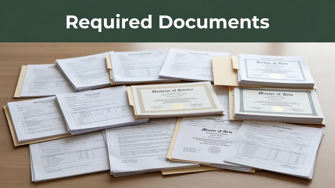 A close-up view displays a neatly stacked pile of diplomas and academic application forms on a smooth table. A bold dark-green header at the top highlights the text Required Documents.