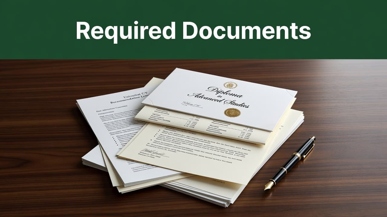 A neat stack of formal diplomas and professional transcripts sits on a polished wooden desk beside a classic fountain pen. A dark green header displays white text for organized document preparation.