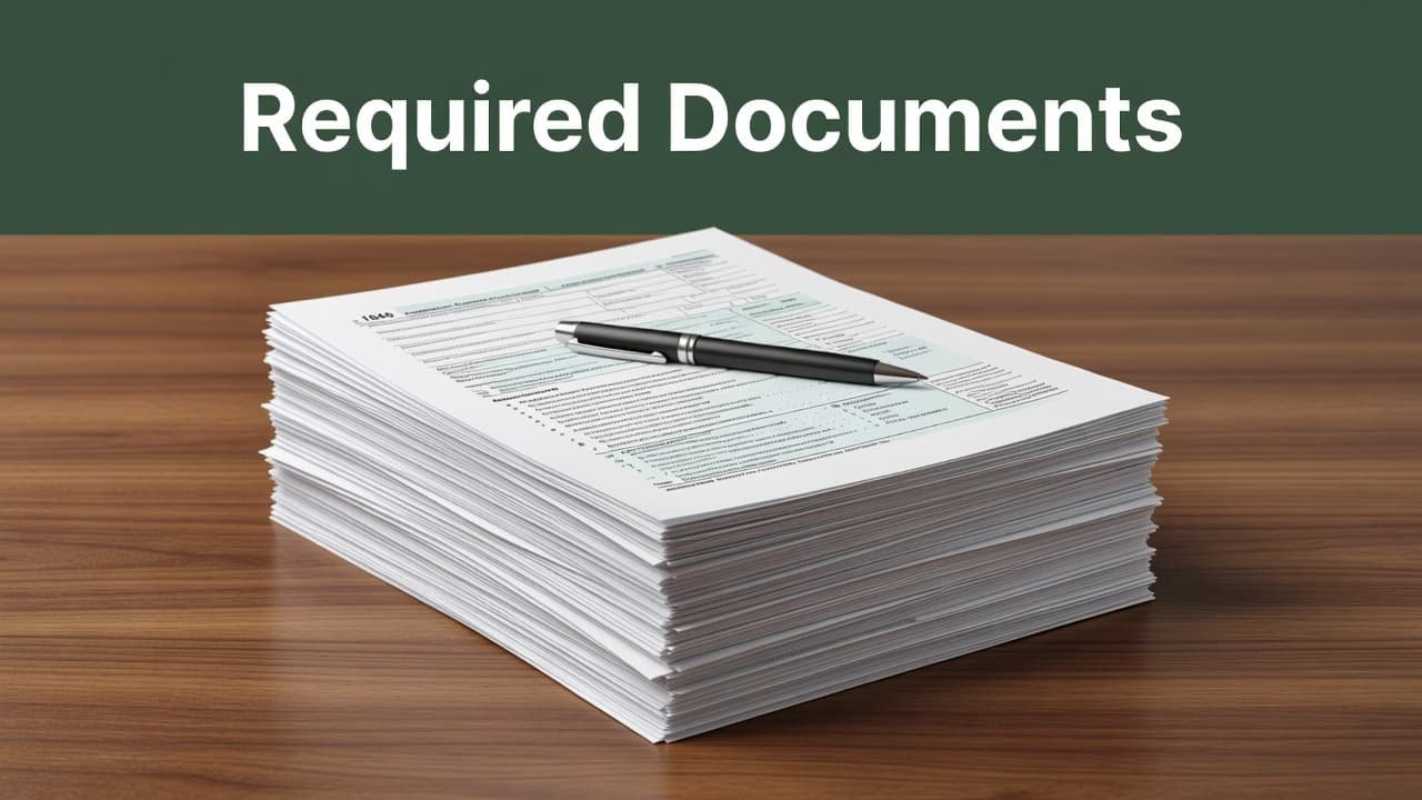 A neat stack of professional documents and a single black pen rest on a polished wooden surface. A deep green header band at the top clearly displays the text Required Documents.