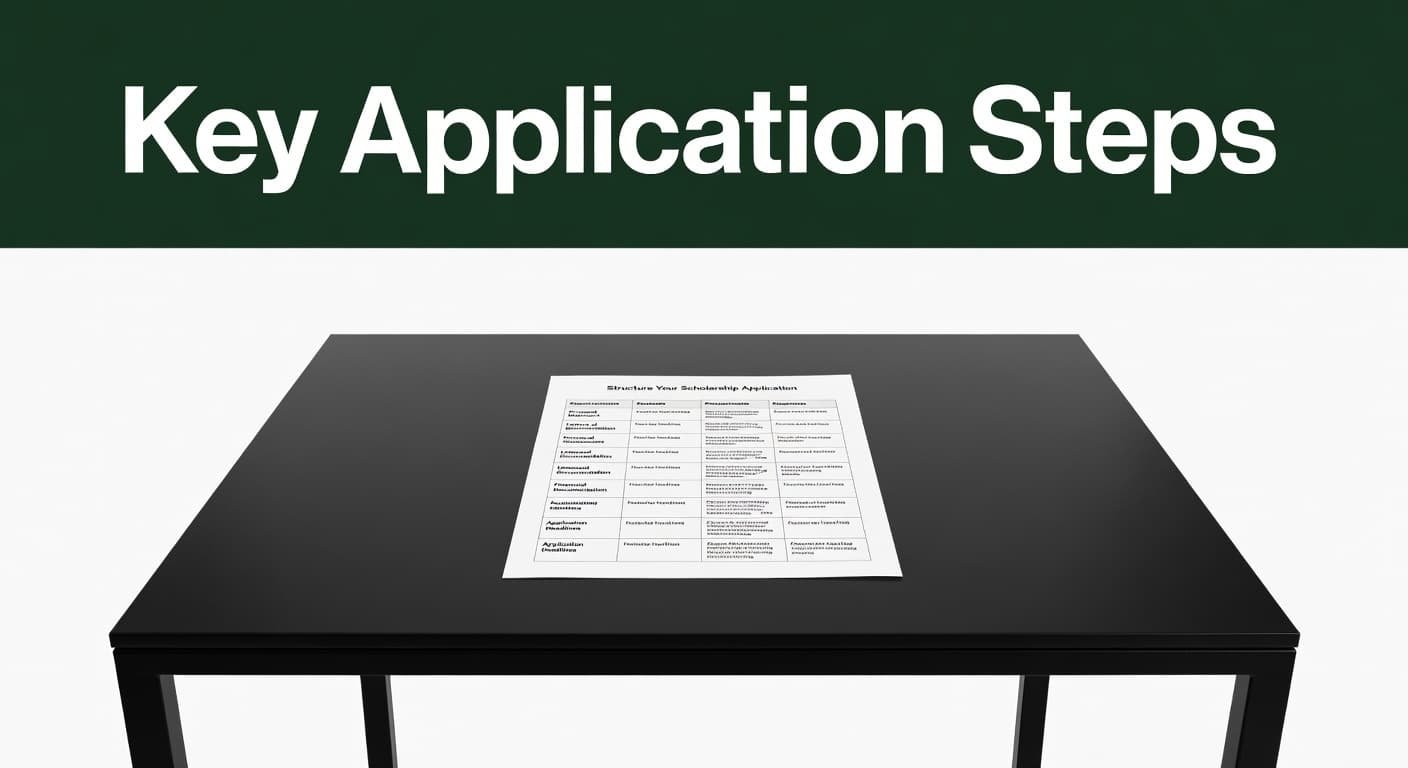 A minimalist document features a bold dark-green header containing the text Key Application Steps. Below the heading, a clean structured table outlines clear steps for completing an academic scholarship application process.