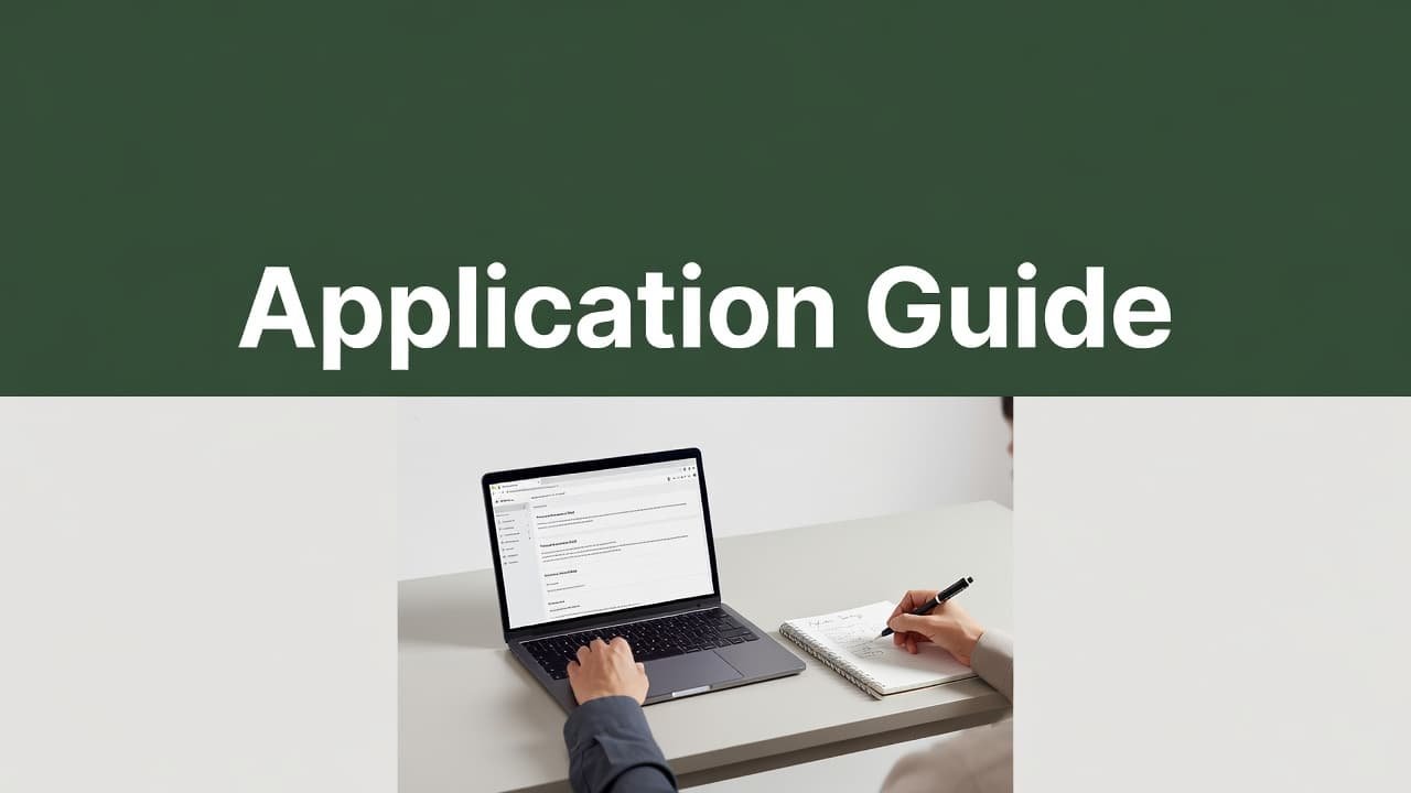 A person works at a clean, minimalist desk featuring a laptop and an open notebook. A dark-green banner at the top displays the white bold text Application Guide for prospective applicants.
