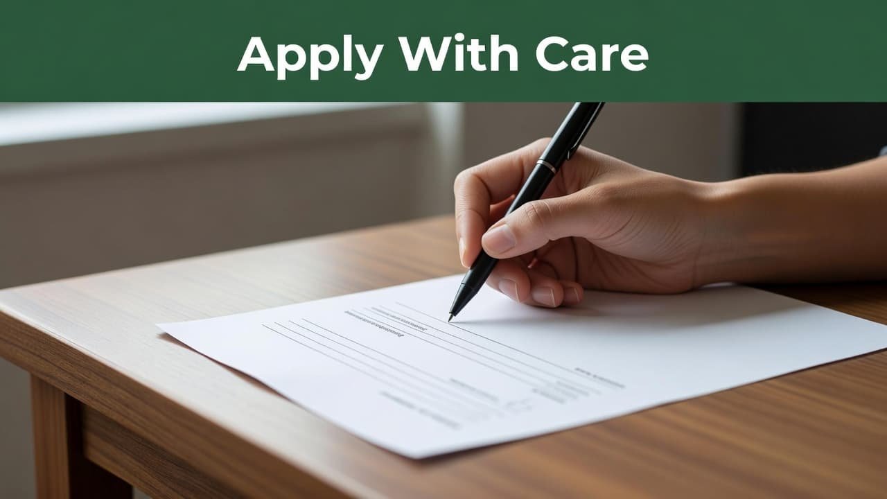 A person grips a pen over a blank scholarship application form placed on a wooden desk surface. A bold dark-green banner reading Apply With Care is visible at the very top.